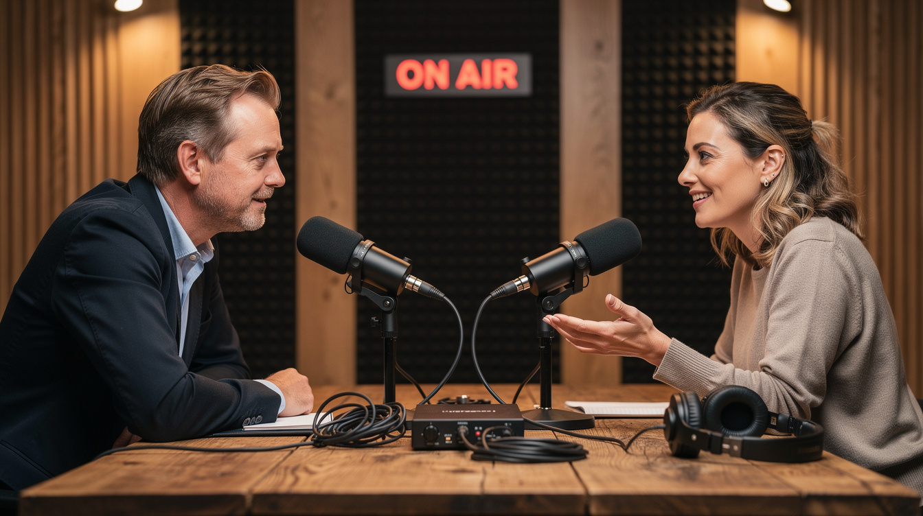 Two media professionals recording an interview at a studio table with microphones