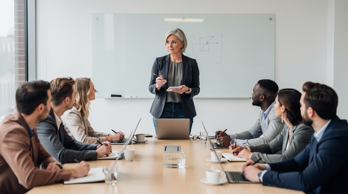 Experienced mentor guiding a small group during a professional workshop